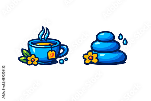 Bright cartoon icons of a steaming tea mug and balanced blue spa stones for wellness