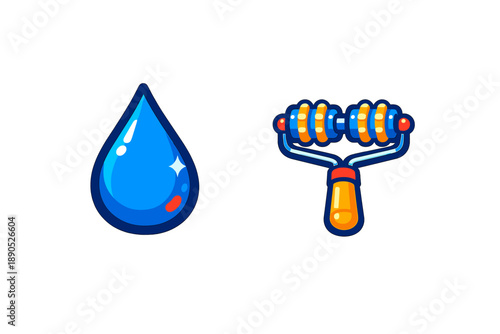 Shiny blue water droplet and facial massage roller tool representing skincare and wellness