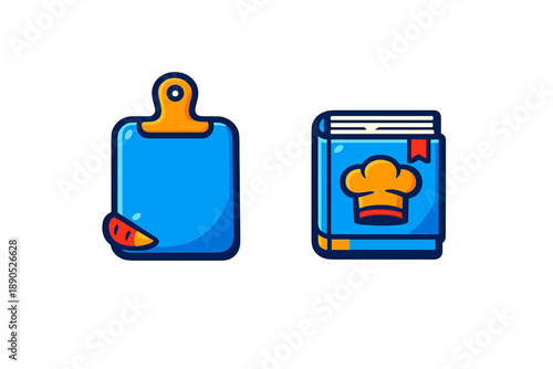 Colorful kitchen icons: cutting board and recipe book with chef hat symbol