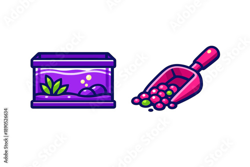 Colorful setup for pet fish care featuring an aquarium tank and a scoop of food pellets