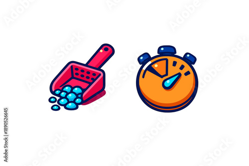 Brightly colored graphic symbols showing a red scoop with blue pellets and an orange stopwatch timer