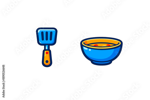 Blue slotted spatula and bowl of hot soup or stew kitchen cooking tools