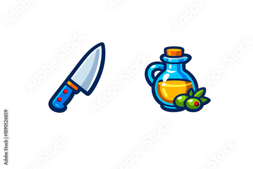 Essential cooking ingredients set featuring a sharp kitchen knife and olive oil pitcher