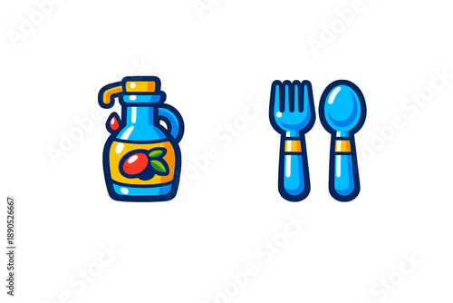 Stylized blue bottle of cooking oil with olive label and matching fork and spoon cutlery set