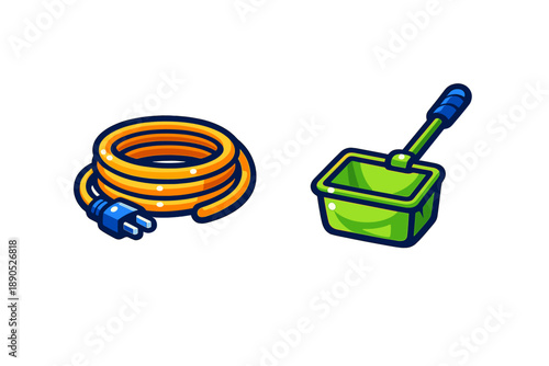 Coiled orange electrical extension cord with plug and bright green square skimmer net tool