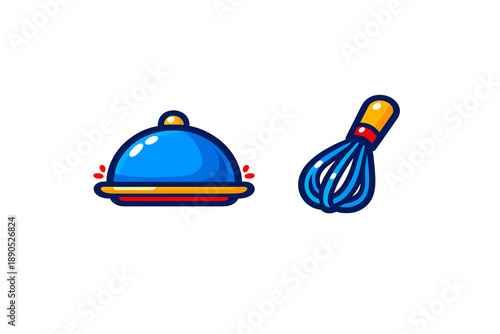Stylized food serving dome and wire whisk set for restaurant and catering concepts