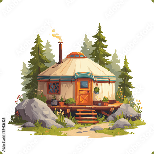 Vector illustration of a cozy yurt cabin in mountain forest with wooden deck and chimney smoke, outdoor travel glamping concept, isolated on a white background