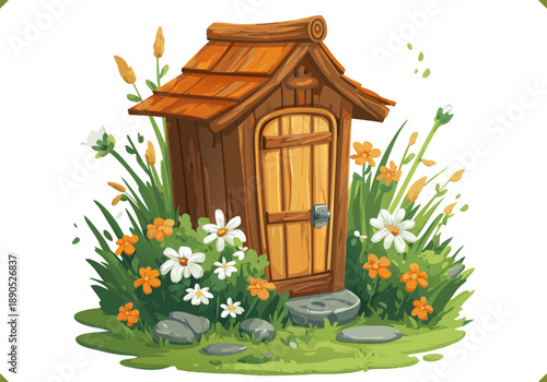 Vector illustration of an off-grid composting toilet hut with wooden walls, stone base and leafy surroundings, eco outdoor structure, isolated on a white background