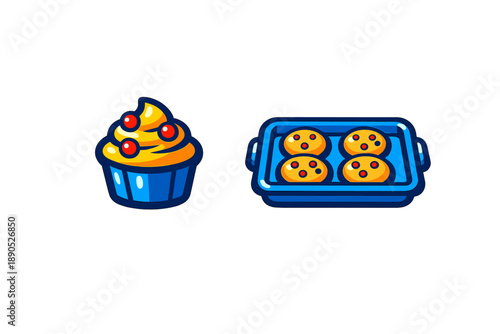 Assortment of sweet treats including a creamy frosted cupcake and freshly baked cookies