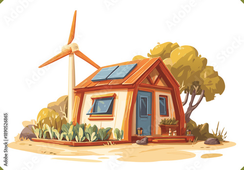 Vector illustration of a wooden eco house with solar panels and a wind turbine surrounded by plants and garden elements, sustainable living concept, isolated on a white background