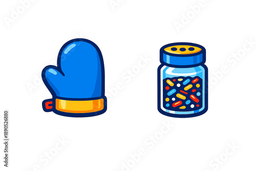 Bright blue oven mitt and container of multicolored dessert toppings for baking