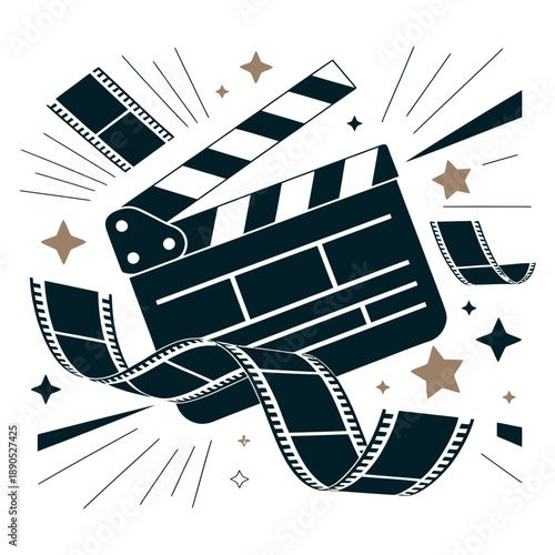 Clapperboard and film reel illustration for cinema industry and video production featuring floating stars and dynamic motion lines on white background in minimalist monochrome style