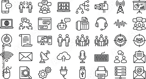 Communication and technology icon set, office tools, digital interaction symbols, data sharing graphics, network devices, minimal design, workplace interface