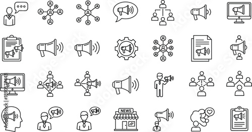 Communication icon set, marketing symbols, media graphics, public relations illustrations, vector outreach pack, black and white icons, speech, network, broadcast