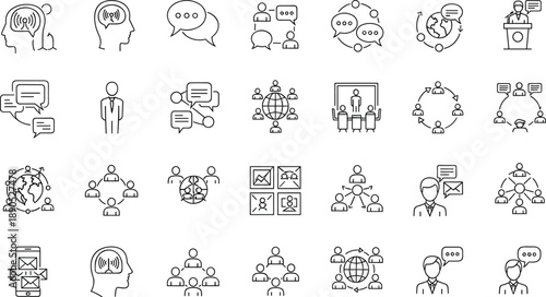 Communication icons, collaboration symbols, networking design, global interaction, teamwork illustration, video conferencing, email exchange, speech bubbles, listening speaking, organizational 