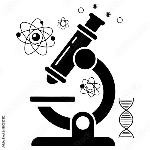 Microscope and atomic models representing science and research with DNA strand symbol on white background