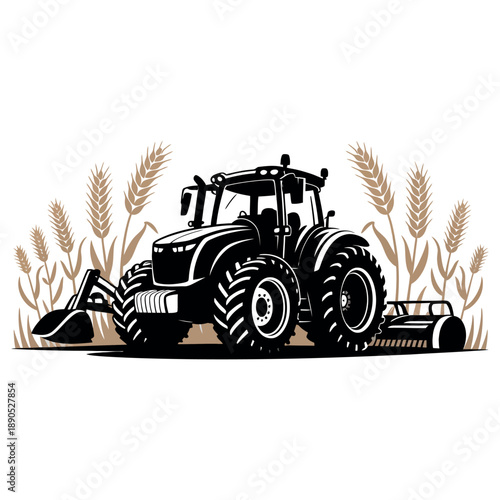 Modern farm tractor with front loader and rear rotary tiller working in a golden wheat field with clear background on white