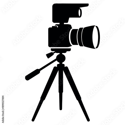 Professional video camera on tripod silhouette illustrating media production and photography equipment with external flash and lens hood for professional cinematography and filming