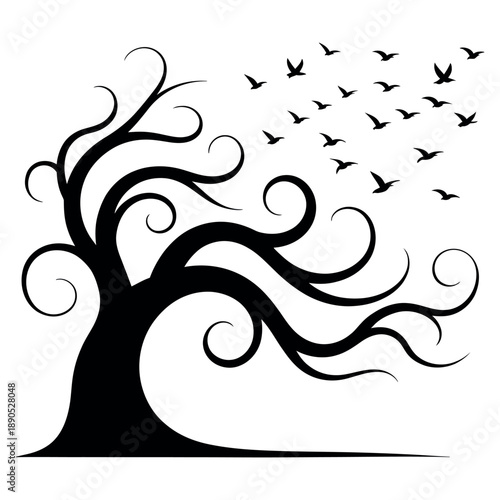 Stylized black silhouette of a bare tree with swirling branches and a flock of birds flying away from it on white
