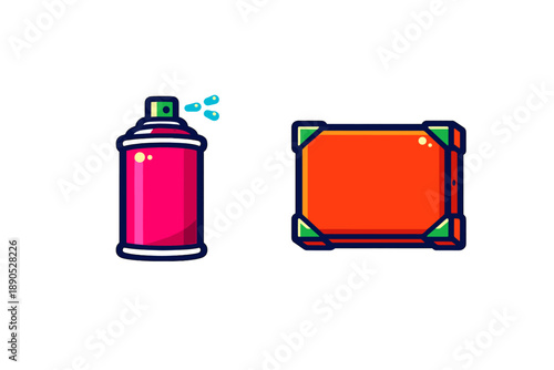 Vibrant pink spray paint can with blue particles and stylized orange rectangular frame