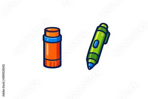 Brightly colored school and supplies including a glue stick and a modern stylus pen