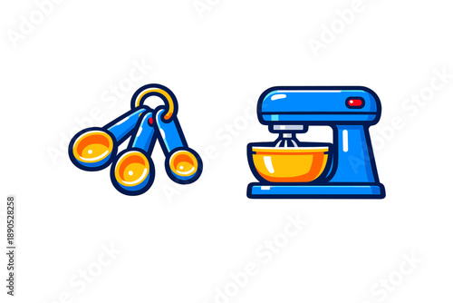 Blue stand mixer and bright measuring spoons essential baking equipment set