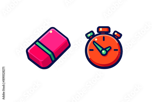 Brightly colored pink eraser and orange stopwatch icons for editing and time management