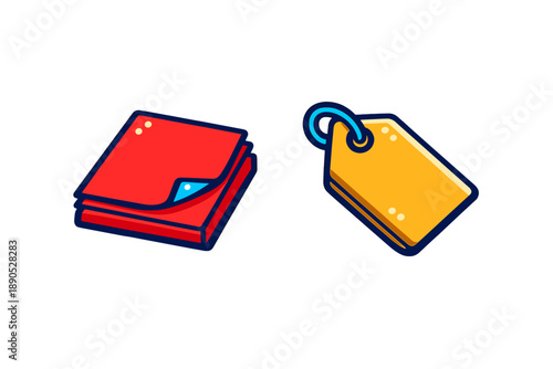 Stack of red folded fabric next to a yellow retail price tag icon representing shopping and commerce