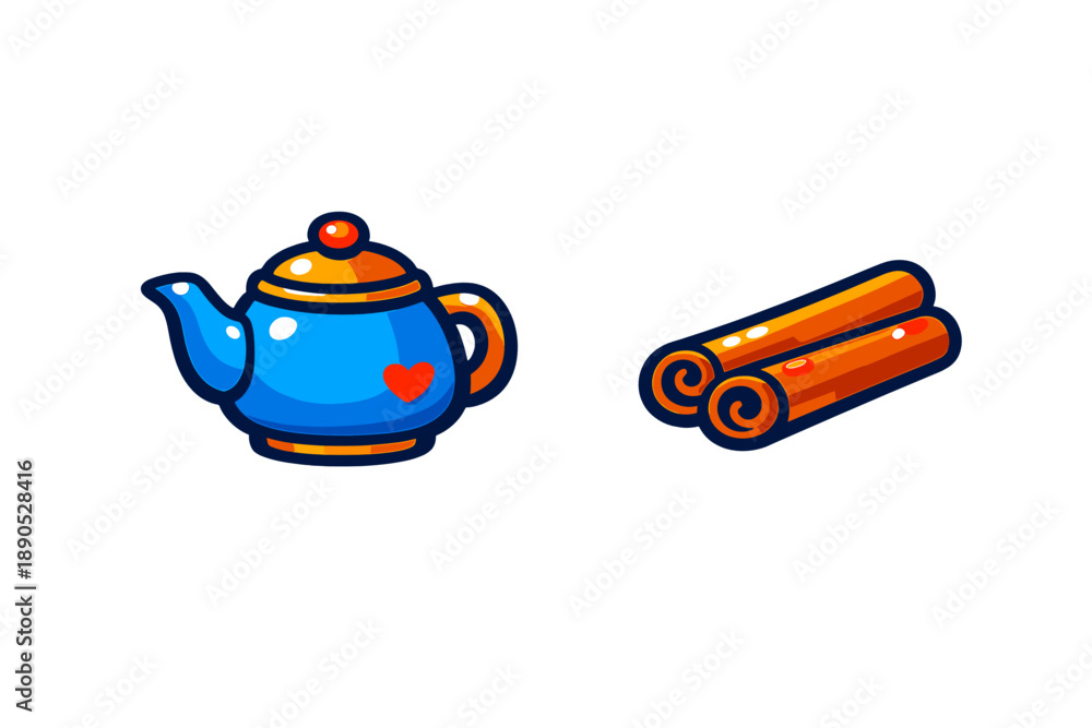 Obraz premium Stylized blue teapot with a heart design and two rolled cinnamon sticks for hot beverages