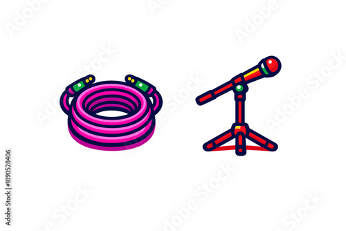 Colorful coiled audio cable and microphone on a stand for music production