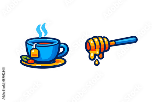 Steaming cup of hot tea with tea bag and wooden honey dipper dripping golden liquid