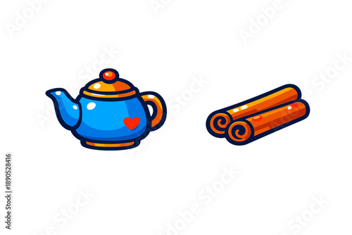 Stylized blue teapot with a heart design and two rolled cinnamon sticks for hot beverages