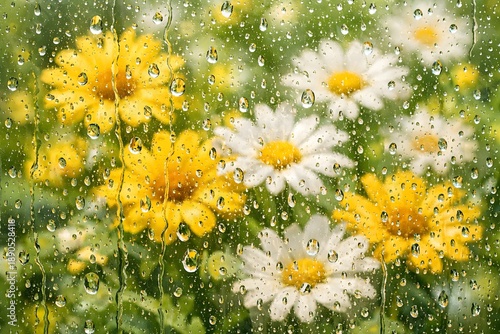 Rainy Window with Yellow and White Flowers, Soft Focus Floral Background