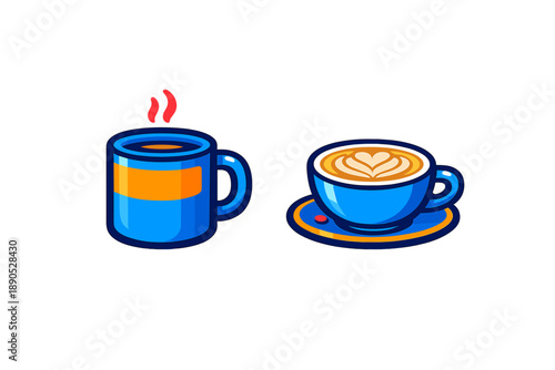 Steaming coffee mug next to a blue cup of latte with heart shaped foam art