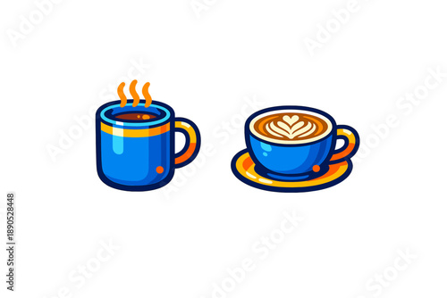 Two brightly colored hot coffee drinks, a steaming blue mug and a cappuccino cup on a saucer