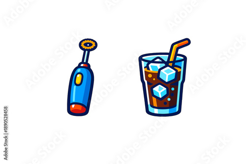 Handheld electric mixer device and a refreshing glass of iced soda drink