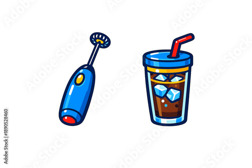 Electric milk frother next to refreshing iced coffee in plastic cup with straw