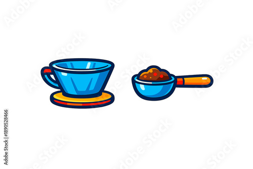 Essential tools for manual coffee preparation including a blue pour over dripper and grounds scoop