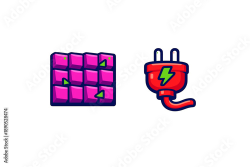 Colorful cartoon icons featuring a pink control panel and a red electric power plug