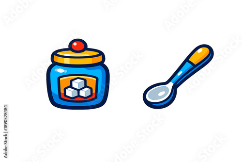 Colorful cartoon sugar jar and matching spoon for sweetening beverages or desserts