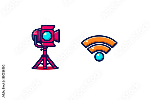 Bright cartoon icons of studio spotlight and wireless digital connectivity symbol