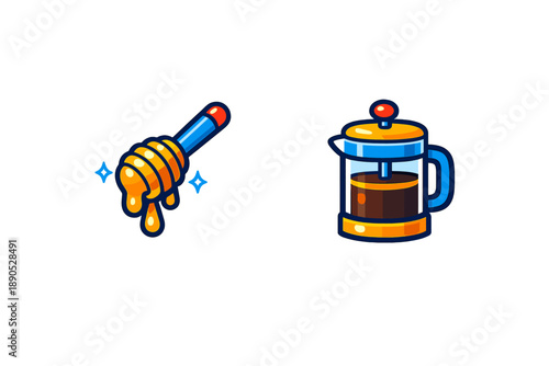 Stylized honey dipper dripping golden honey and French press coffee maker icons
