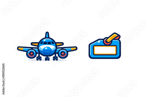 Stylized blue passenger jet and blank luggage tag icon set for global travel