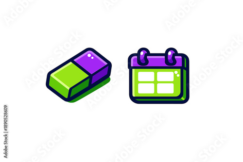 Duo of vibrant supply icons featuring a rubber eraser and desk calendar