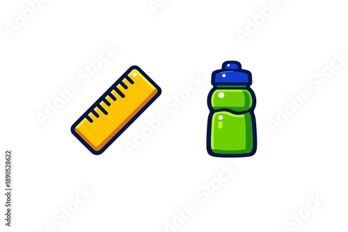Yellow ruler and green water bottle representing school supplies and fitness
