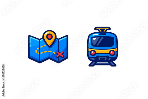 Colorful icons showing folded navigation map with route marker and modern commuter train