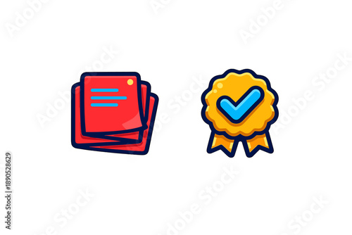 Stacked documents icon and verified quality assurance award ribbon symbol