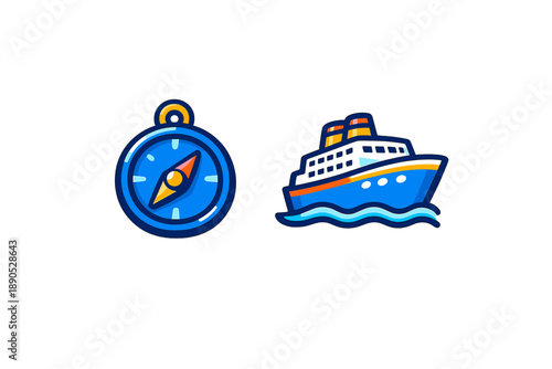Bright blue compass and large passenger cruise ship sailing across deep blue ocean waves