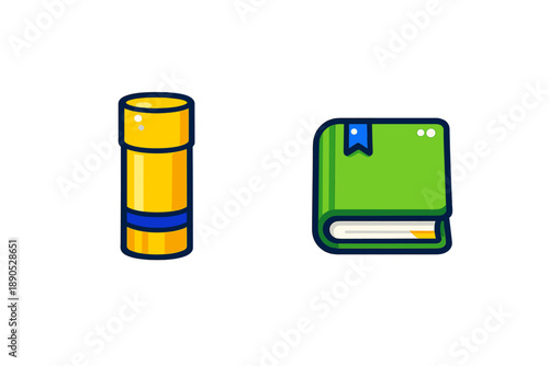 Yellow glue stick and closed green textbook with a bookmark, essential school items