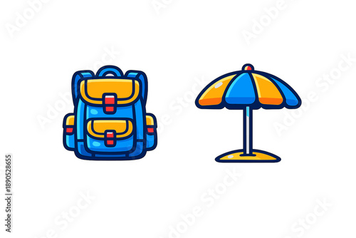 Colorful travel backpack and striped beach umbrella for summer vacation